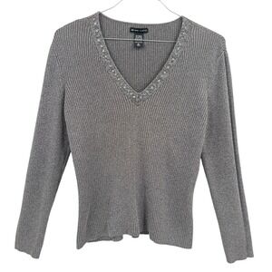 New York & Company Women's Gray Metallic Beaded V-Neck Ribbed Cotton Sweater XL